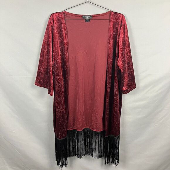 See You Monday Cardigan Women S Red Velvet Paisley Open Front Kimono Fringe Goth - Picture 1 of 8